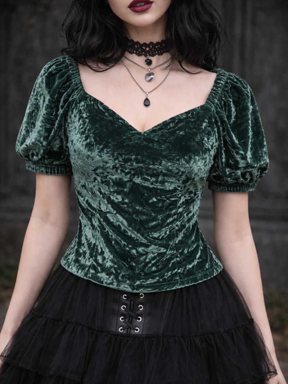 Emerald Green Crushed Velvet Puff Sleeve Sm whimsigoth witchy elegant